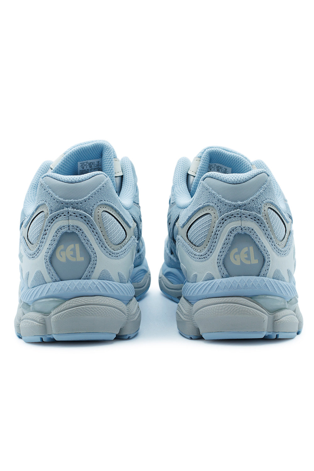 Rear view of the ASICS Gel-NYC Storm Cloud Pure Silver featuring visible GEL branding, shock-absorbing heel cushioning and supportive lifestyle runner construction