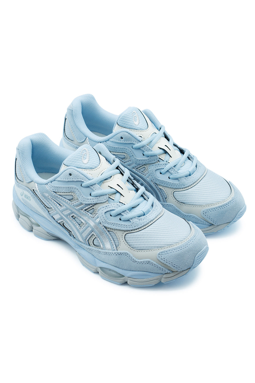 Pair of ASICS Gel-NYC Storm Cloud Pure Silver sneakers featuring breathable mesh, premium suede construction, GEL cushioning and contemporary tech-runner styling