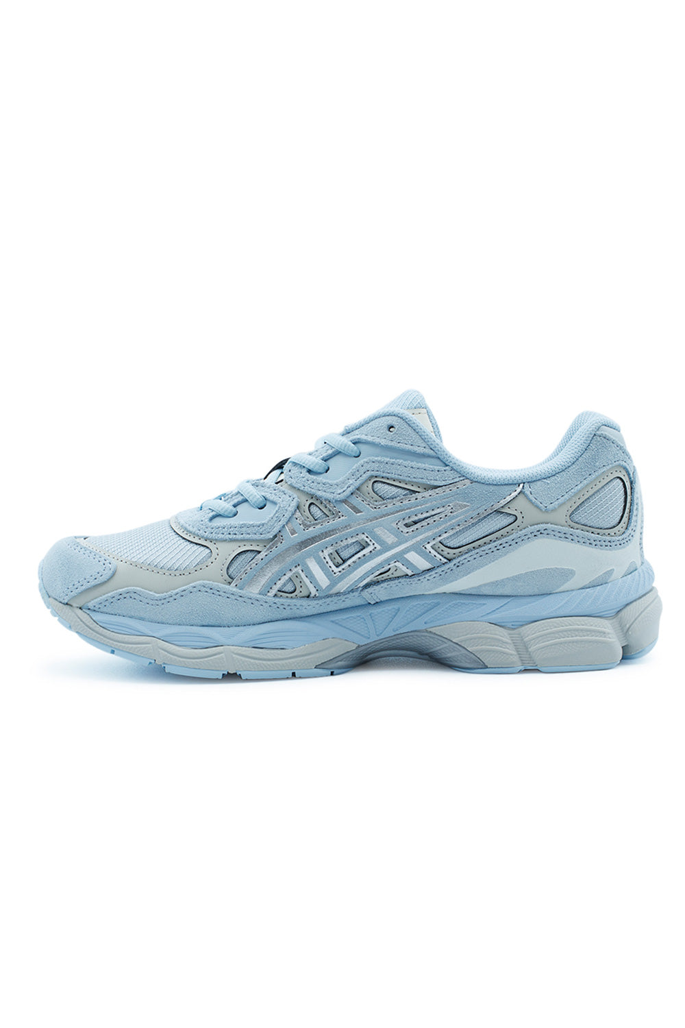 ASICS Gel-NYC Storm Cloud Pure Silver lateral profile featuring silver ASICS stripes, breathable mesh upper and archive-inspired running shoe design