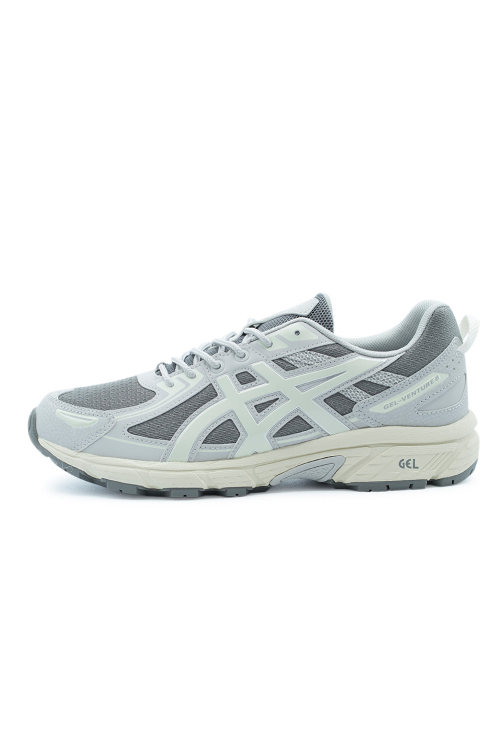 Asics GEL-Venture 6 Clay Grey Cream mit atmungsaktivem Mesh-Upper und robusten Synthetik-Overlays für Trail-Abenteuer.