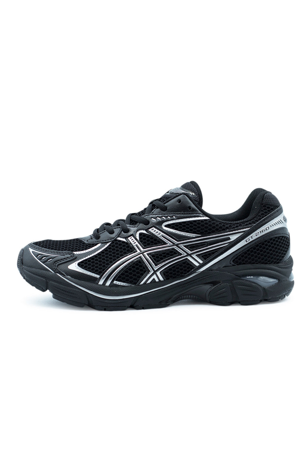 Asics GT-2160 Black Pure Silver mit atmungsaktivem Mesh-Upper und Retro-inspirierter Silhouette aus den 2010er Jahren.