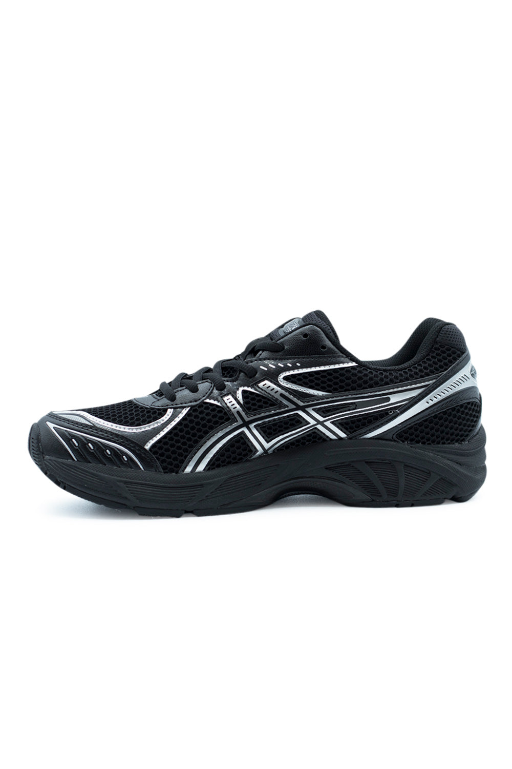 Seitliche Ansicht des Asics GT-2160 Black Pure Silver mit synthetischen Overlays und industriellem Streetwear-Flair.