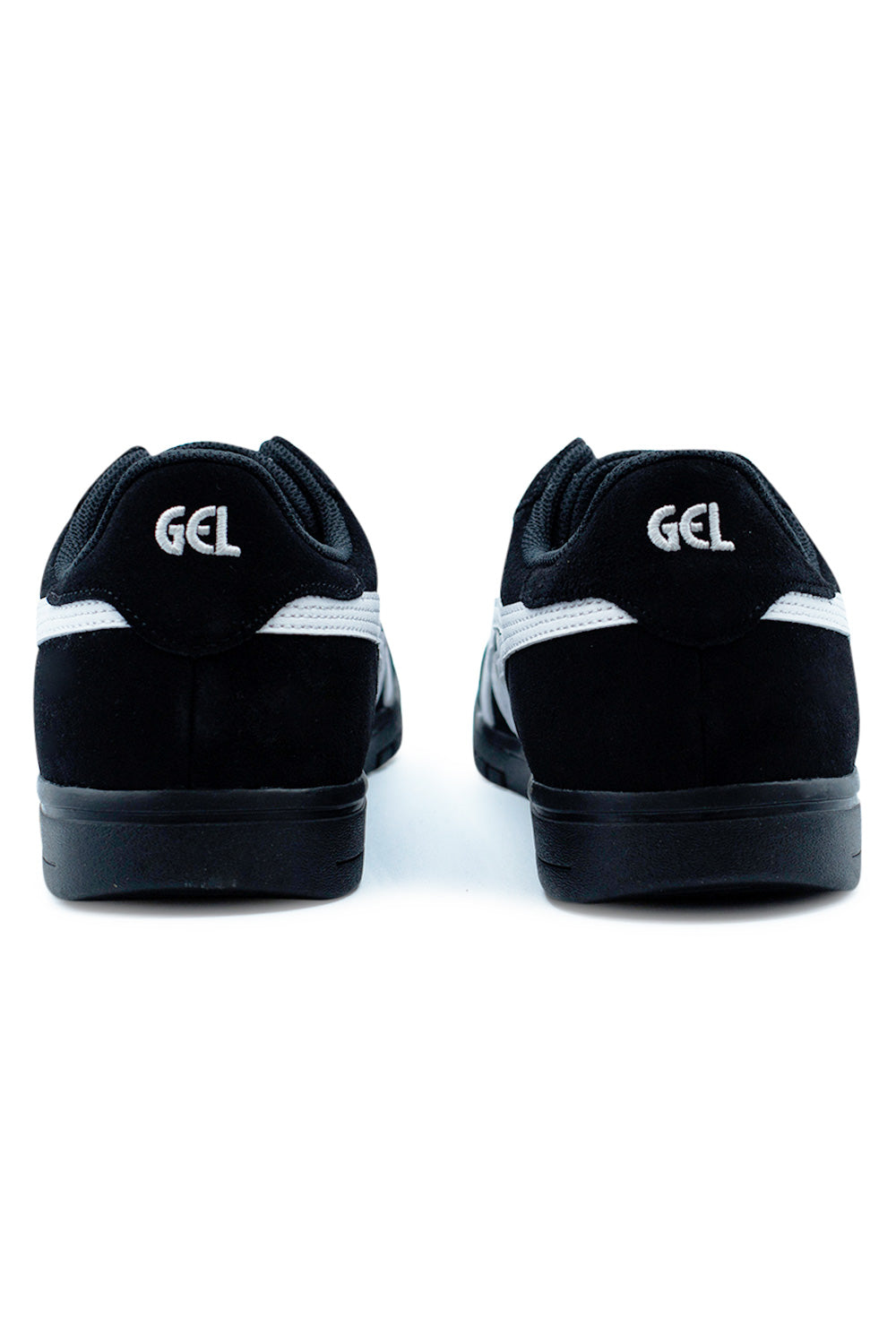 heel view Asics Skateboarding Gel-Vickka Pro Black White with visible GEL cushioning system, reinforced heel counter and clean retro branding for stability and impact protection