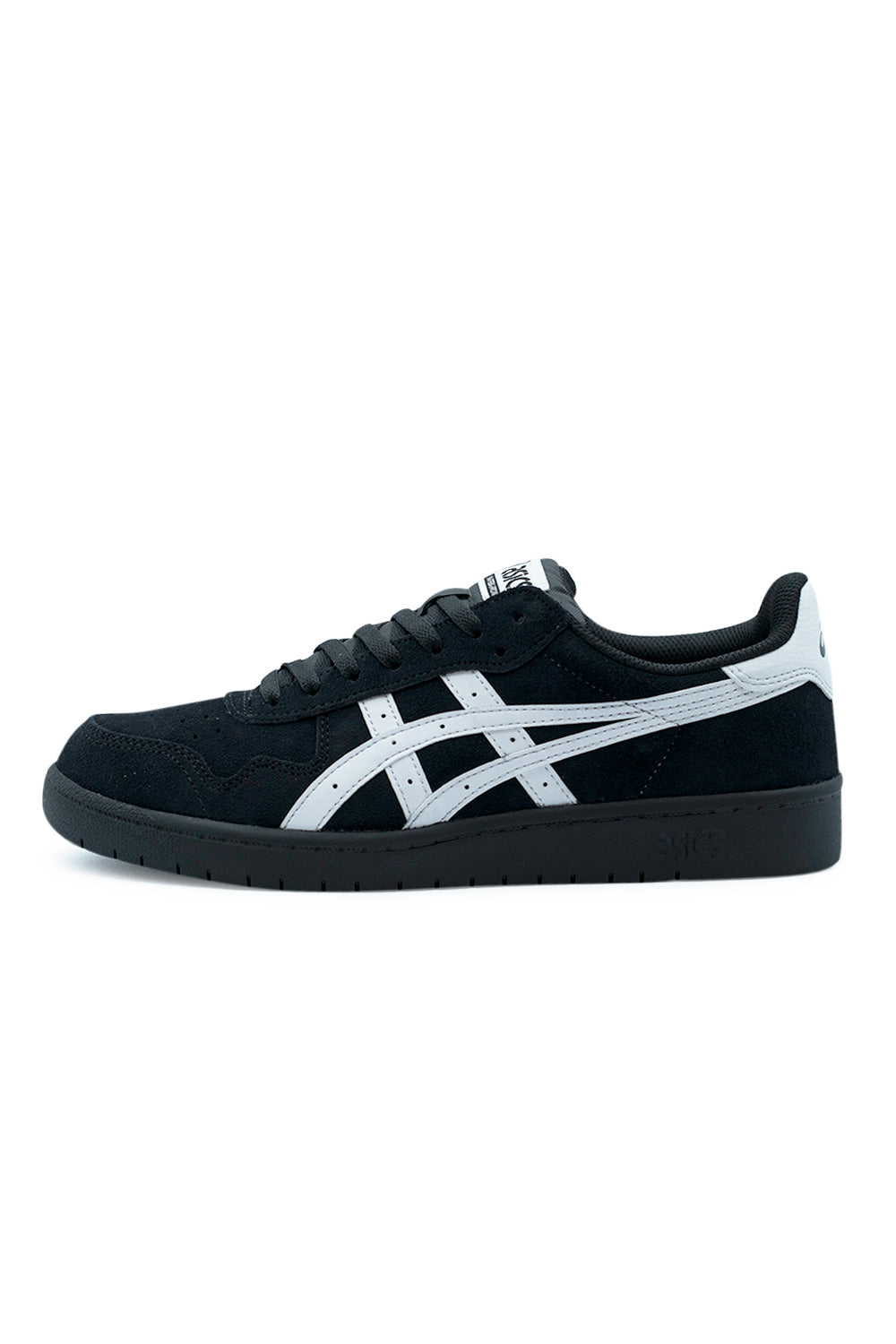 Asics Japan Pro Black White skate shoe side profile with classic low-top silhouette, durable suede upper and iconic Asics stripes designed for modern skateboarding performance