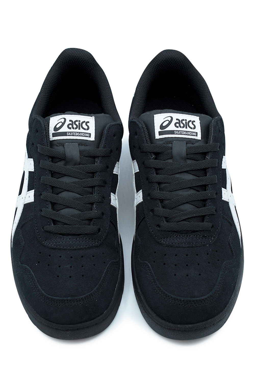front view Asics Skateboarding Japan Pro sneaker featuring reinforced toe box with triple stitching, padded tongue and elastic tongue straps for secure skate fit