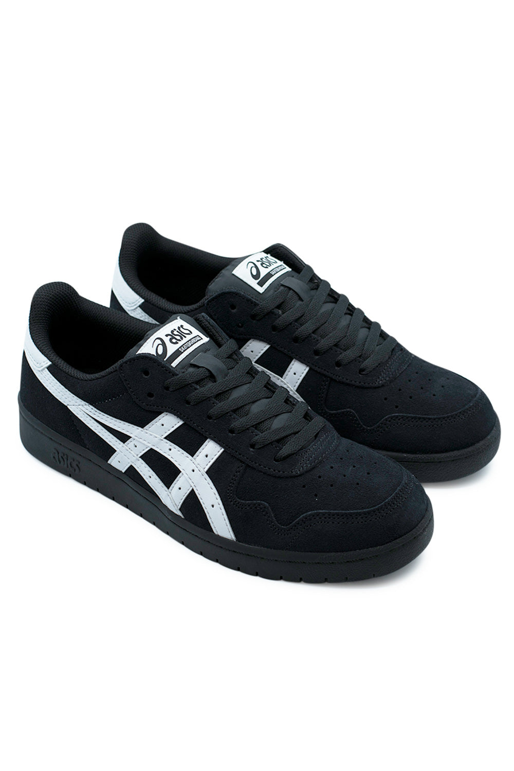 pair of Asics Japan Pro skate shoes in black and white colorway combining retro 80s basketball design with modern skate-ready durability and everyday streetwear style