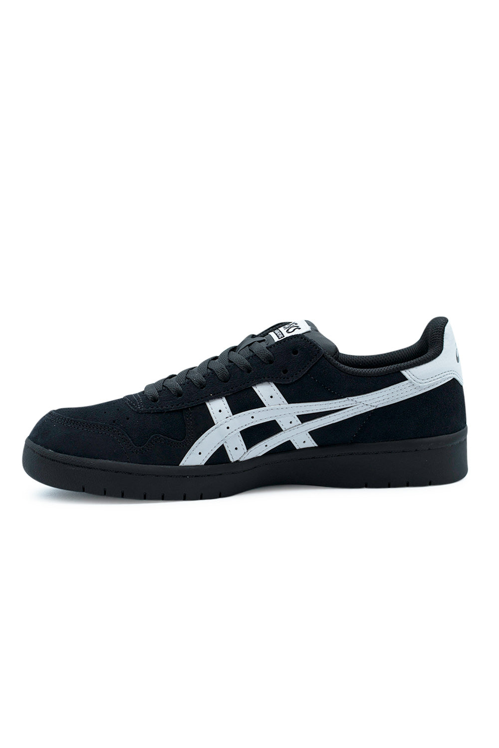 angled perspective Asics Japan Pro skate sneaker highlighting premium suede construction, perforated toe area and stitched cupsole for long-lasting skateboarding use