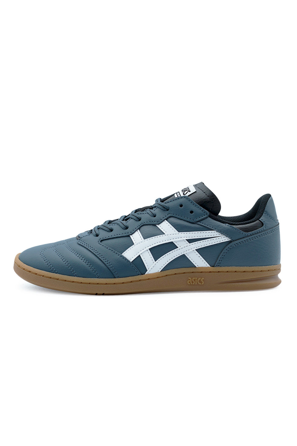 Asics Skate Leggerezza FB Raw Indigo White side view featuring slim low-profile skate shoe design inspired by 90s handball silhouette with premium leather upper and classic Asics stripes