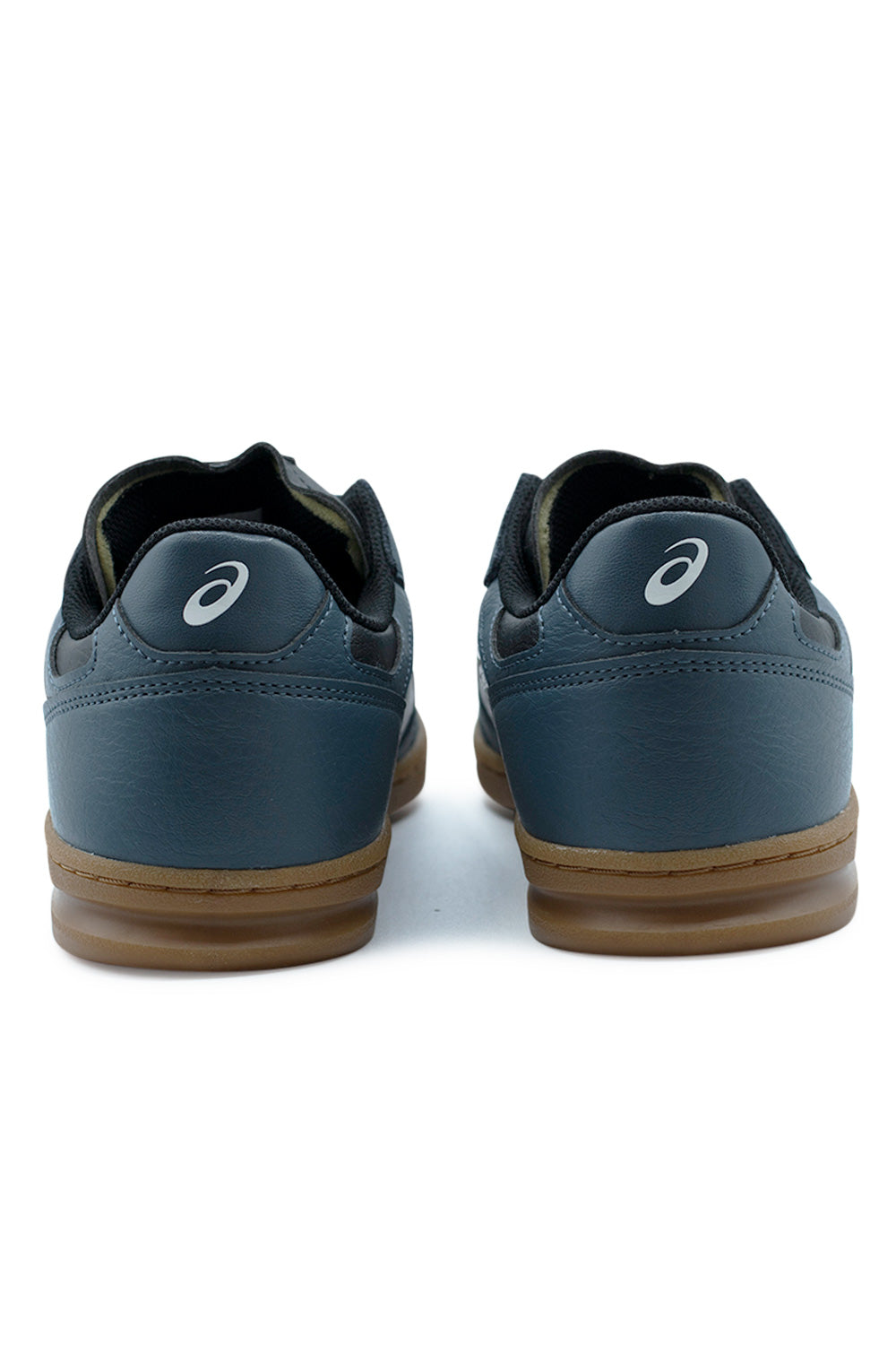rear heel detail Asics Skateboarding Leggerezza FB showing structured heel panel, durable leather construction and minimalist branding in Raw Indigo skate shoe colorway