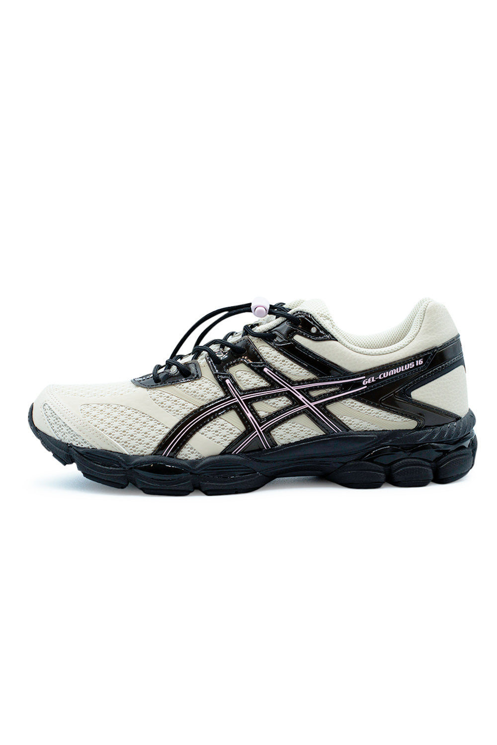 Asics x Finesse GEL-Cumulus 16 Desert Rose Birch sneaker side profile featuring beige mesh upper, glossy black ASICS Tiger stripes, speed-lace toggle system and GEL cushioned running sole
