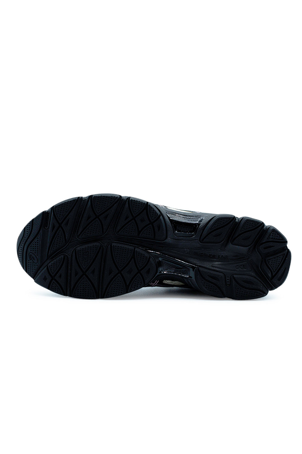 Asics x Finesse GEL-Cumulus 16 Desert Rose outsole close-up showing durable black rubber traction pattern engineered for grip, stability and long-distance running comfort
