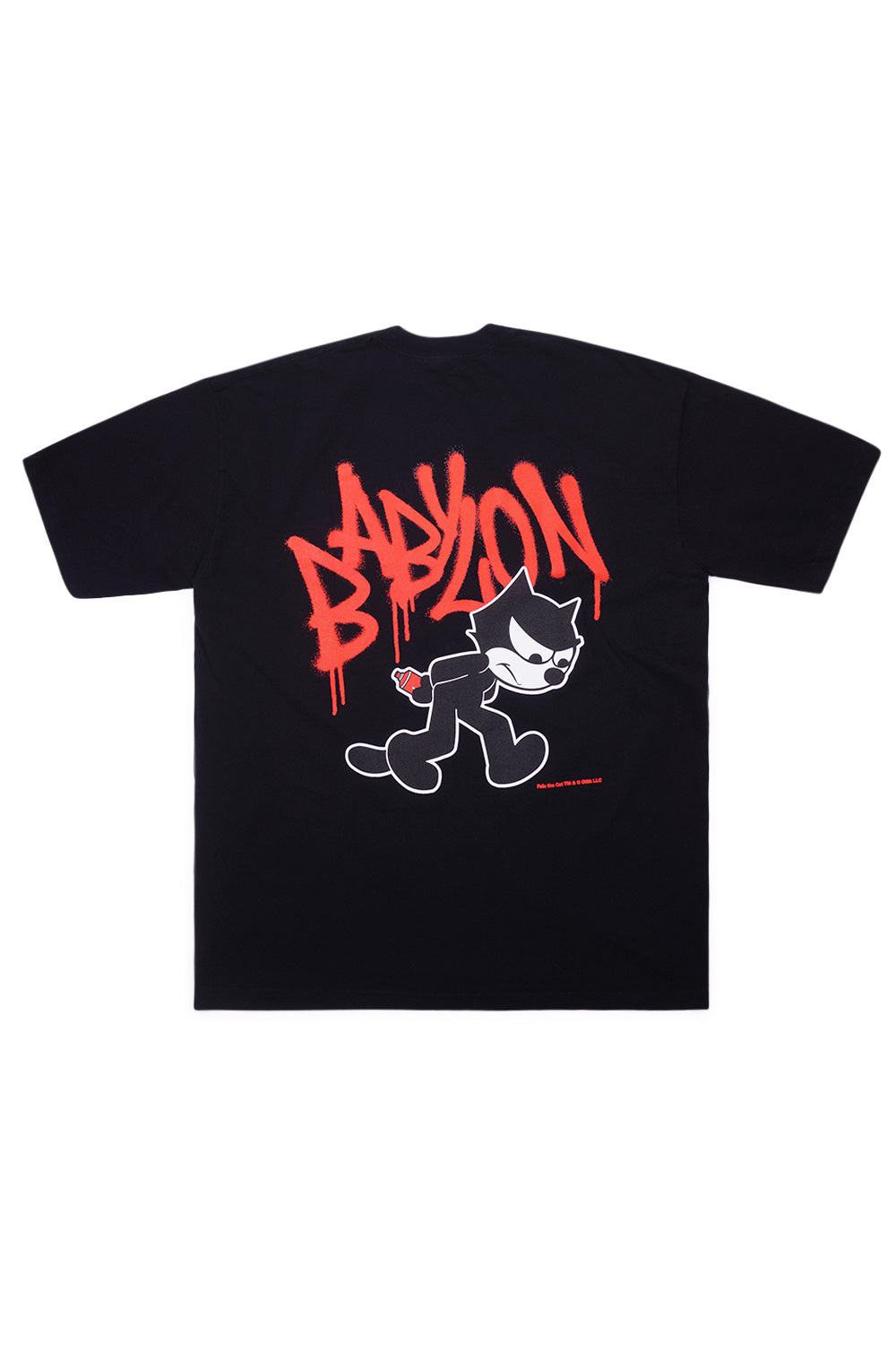 "Rückansicht des Babylon LA x Felix the Cat Spray T-Shirts – klassisches schwarzes Shirt mit coolen Street-Art-Details"
