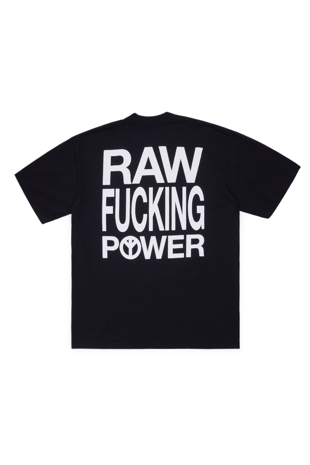 Back view Babylon LA x Iggy Pop black t-shirt with bold RAW FUCKING POWER lettering, oversized streetwear tee made in USA from premium cotton fabric