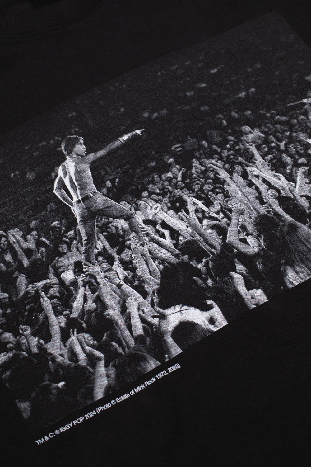 Close-up of Babylon LA x Iggy Pop Crowd Photo tee front print showing legendary punk rock performance image, black cotton skate t-shirt with vintage concert aesthetic