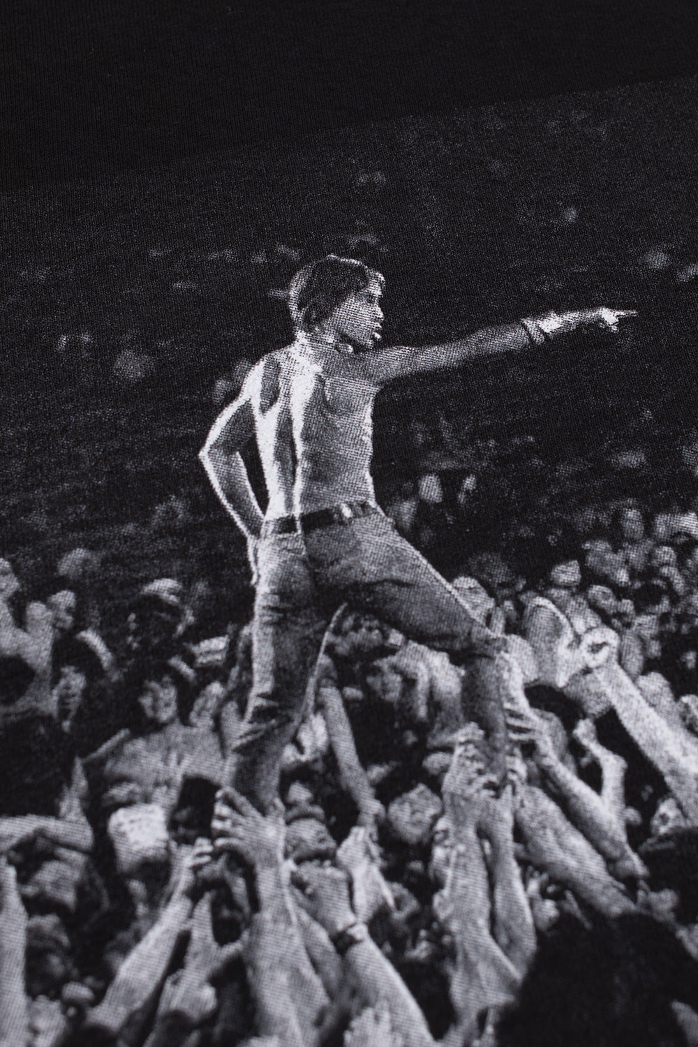 Detailed Iggy Pop live crowd surfing graphic on Babylon LA collaboration t-shirt, black oversized punk skatewear tee inspired by raw Stooges energy and underground culture