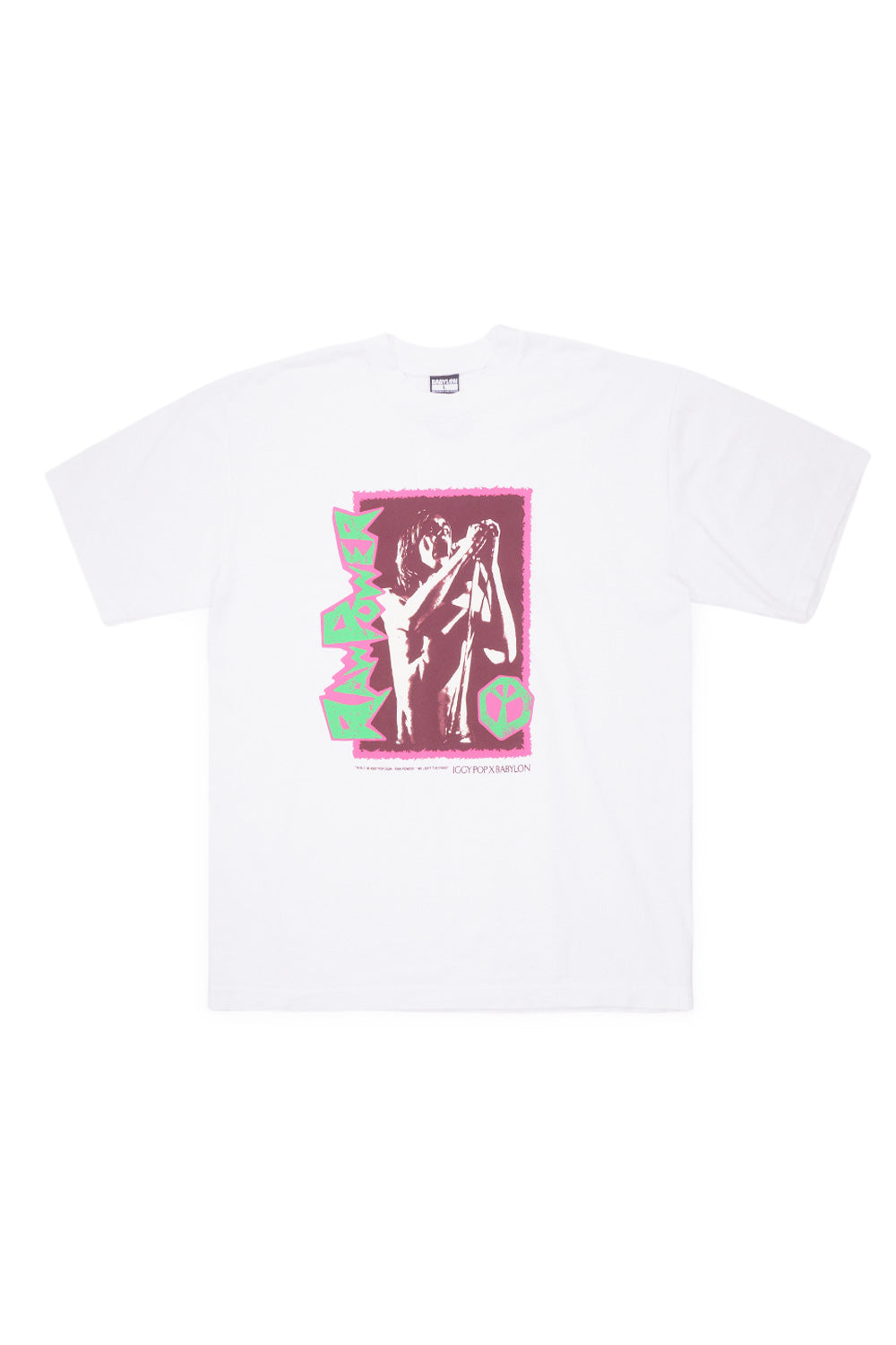 Babylon LA x Iggy Pop Raw Power T-Shirt White featuring vibrant punk concert graphic, oversized 100% cotton skate streetwear tee made in USA with retro rock aesthetic