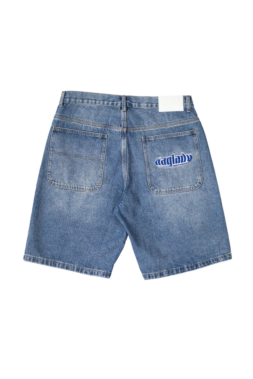 "Rückansicht der Baglady Denim Warp Shorts – einzigartiger Acid-Wash-Look und bequeme Passform für vielseitige Outfits"