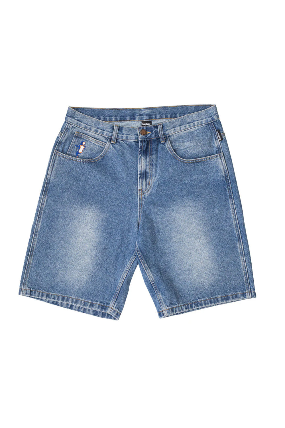 "Vorderansicht der Baglady Denim Warp Shorts – stylische Shorts aus hochwertigem Denim mit modernem Warp-Design und Acid-Wash-Finish"