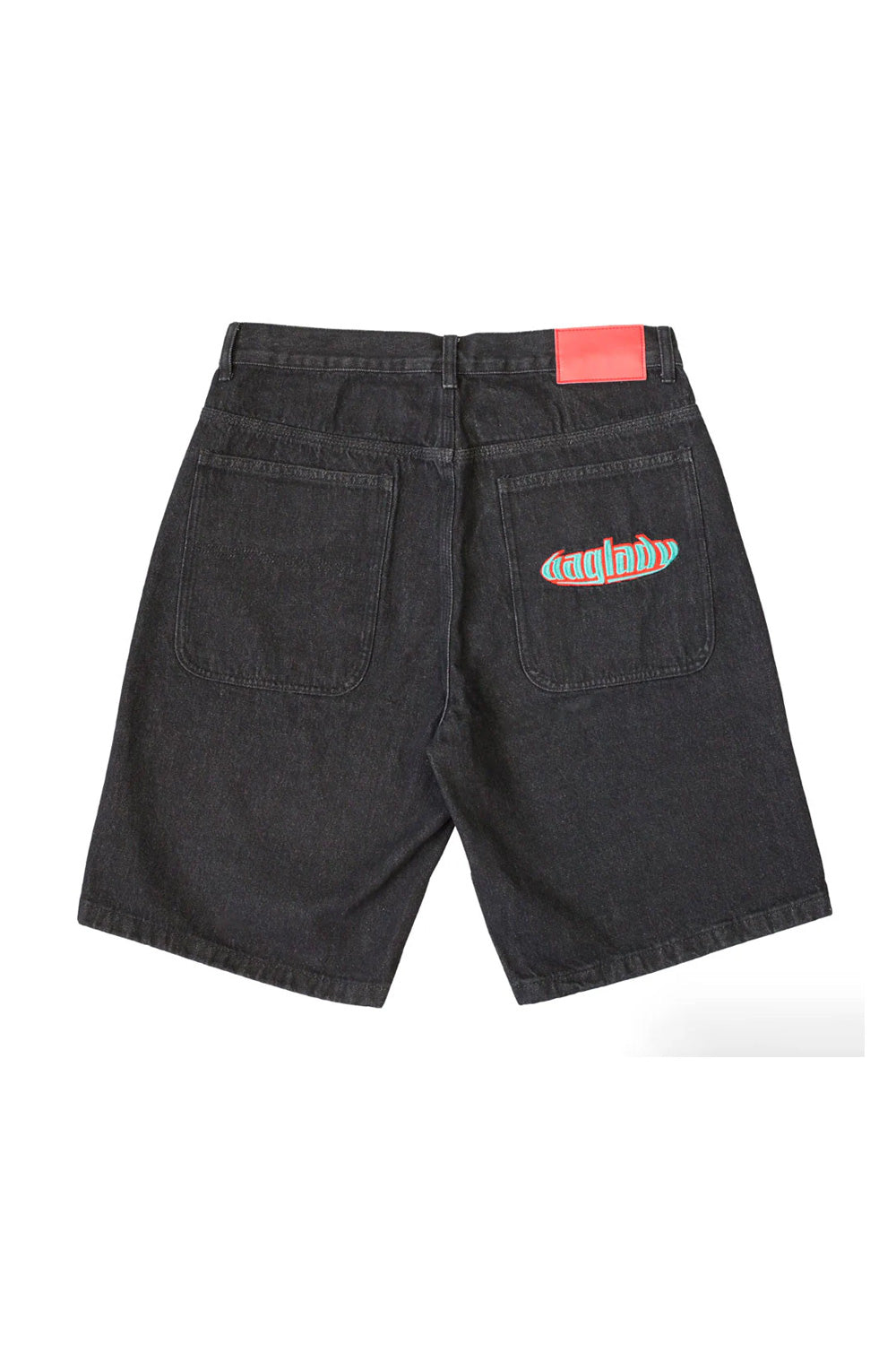 "Rückansicht der Baglady Denim Warp Shorts – minimalistisches, schwarzes Design für urbane Streetstyle-Looks"