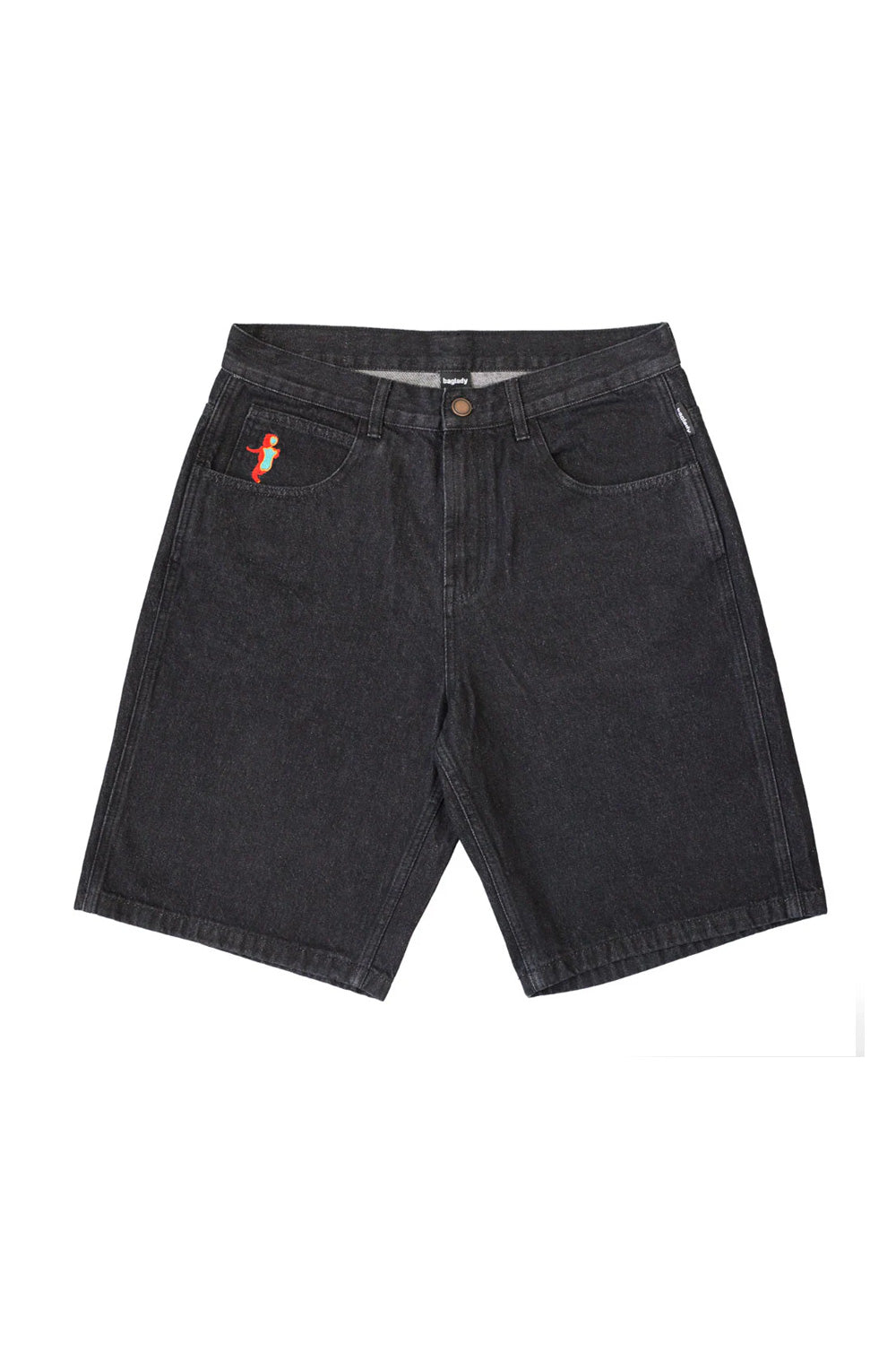 "Baglady Denim Warp Shorts Schwarz – stilvolle schwarze Shorts mit auffälligem Warp-Design für kreative Mode"