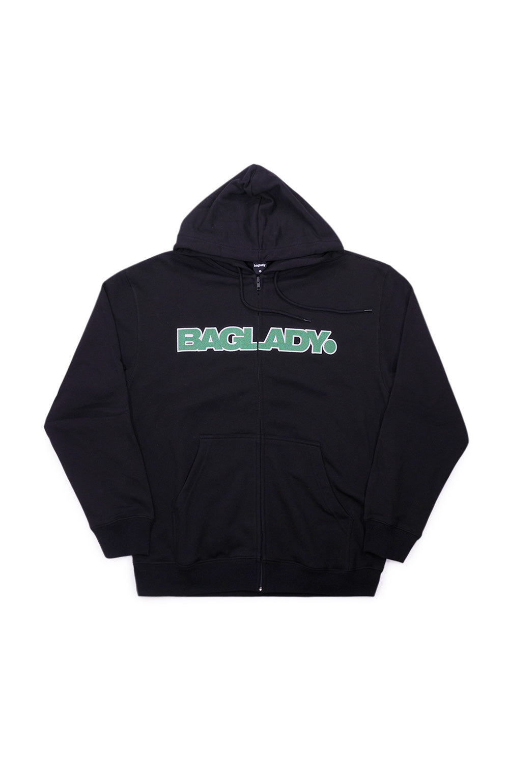 "Vorderansicht des Baglady Logo Full Zip Hoodies – bequemer Hoodie mit Kapuze in Schwarz, ideal für Casual-Style"