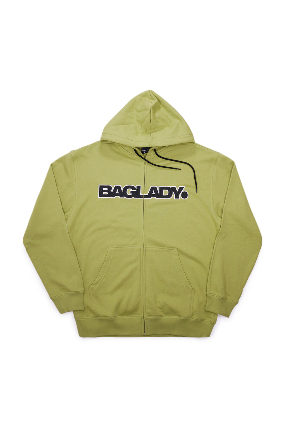 "Vorderansicht des Baglady Logo Full Zip Hoodies – bequemer Hoodie mit Kapuze in Timid Green für moderne Streetwear-Looks"