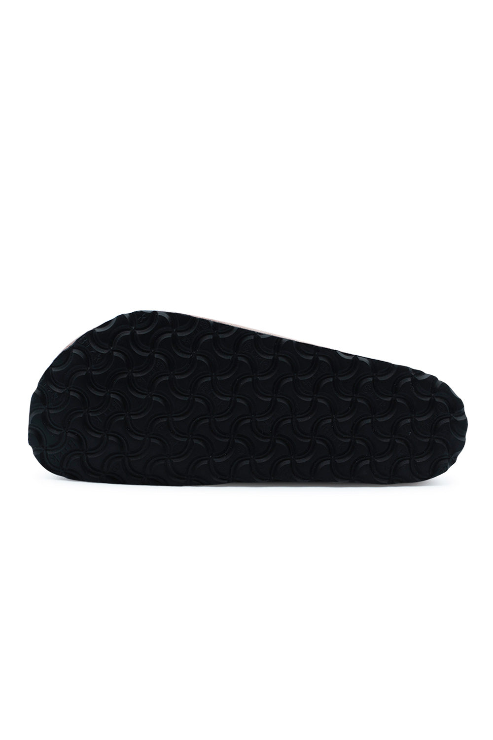 Full bottom view of the black dual-component rubber outsole on the Birkenstock Naples Wrapped Pink Clay shoe, displaying the signature bone pattern tread engineered for slip-resistant grip and traction.