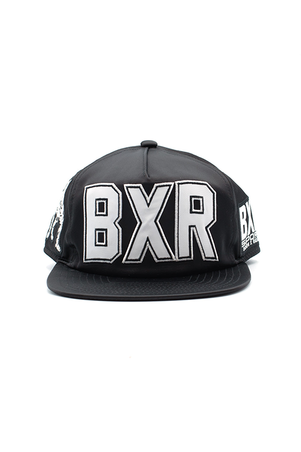 Front view of the black shiny Born X Raised Boxing Hat, featuring large silver-white embroidered BXR letters stitched on the front crown.