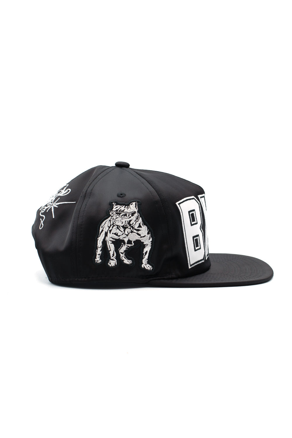 Right side view of the Born X Raised Boxing Hat, showing a detailed embroidered pitbull wearing sunglasses patch stitched on the black crown.