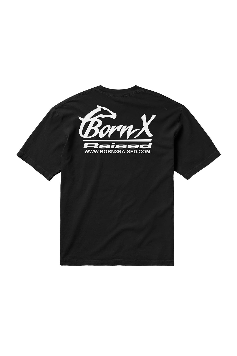 Back view of the loose-fitted black Born X Raised Parlay T-shirt, featuring a large white printed horse graphic and Born X Raised logo across the back.