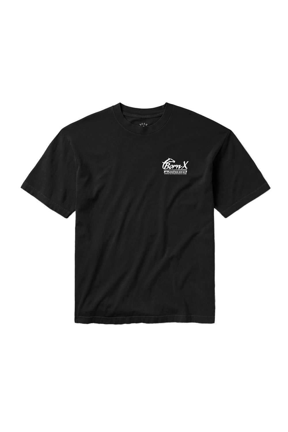 Front view of the black 100% cotton Born X Raised Parlay T-shirt with a small white printed logo graphic on the left chest.