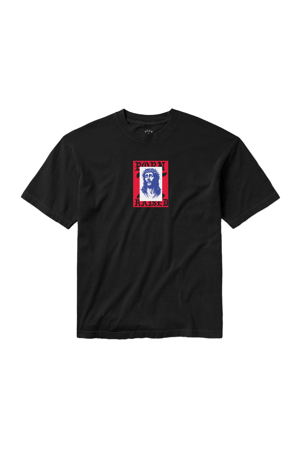 Front view of the black 100% cotton Born X Raised Salvation T-shirt featuring a centered religious graphic print on the chest.