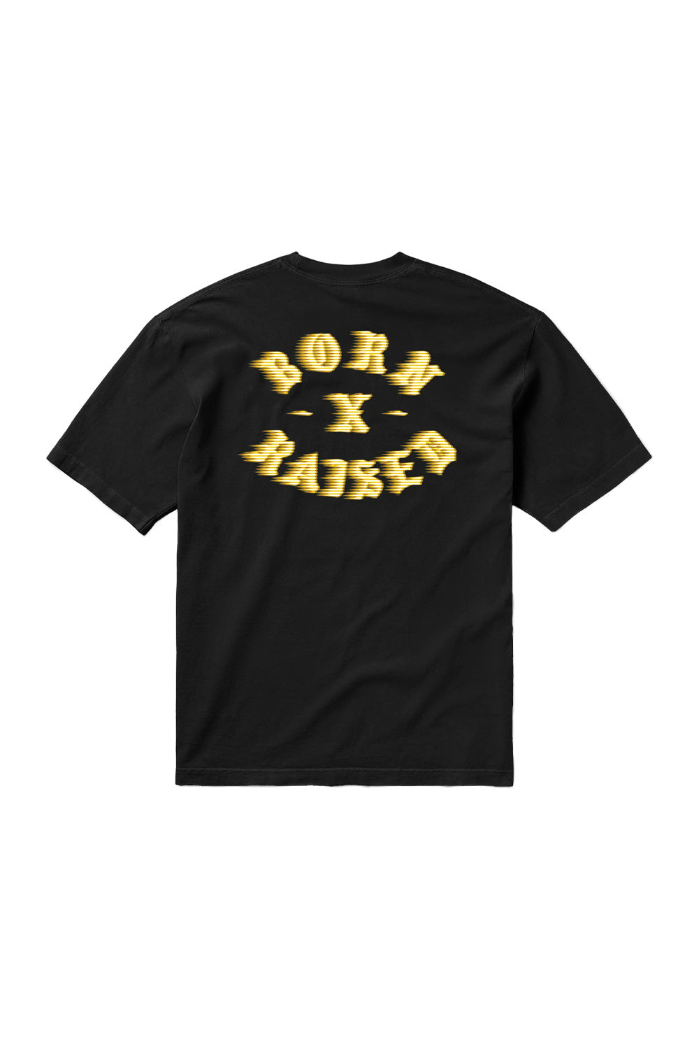 Back view of the loose-fitted black Born X Raised Speed Rocker T-shirt featuring a large yellow motion-blur rocker logo printed across the shoulders.
