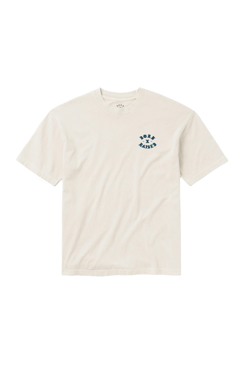 Front view of the cream 100% cotton Born X Raised Speed Rocker T-shirt with a small green and black motion-blur brand logo printed on the left chest.