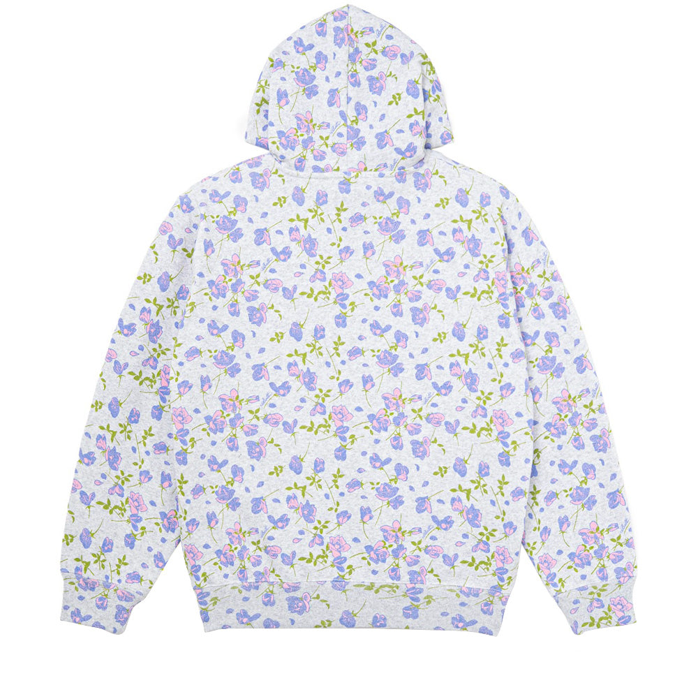 Back flat lay studio perspective of the ash heather grey BoTT Flower Zip Hoodie, highlighting the continuous repeat of the painterly pink and purple rose print with green foliage across the hood, drop-shoulder sleeves, and back panel, finished with a wide ribbed knit waistband.