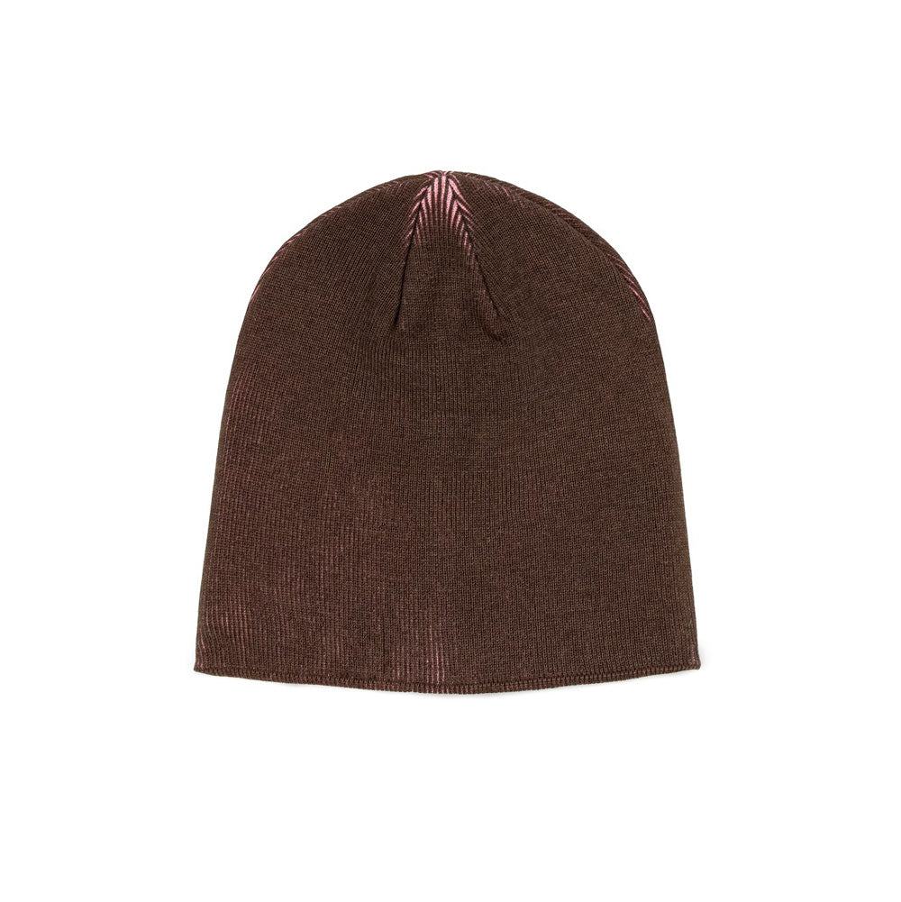 Back flat lay studio perspective of the chocolate brown BoTT Overprint Skullcap Beanie, displaying the clean unbranded fine-gauge knit texture, ribbed cuffless edge, and visible radiating pink knitted yarn detailing along the gathered crown darting.