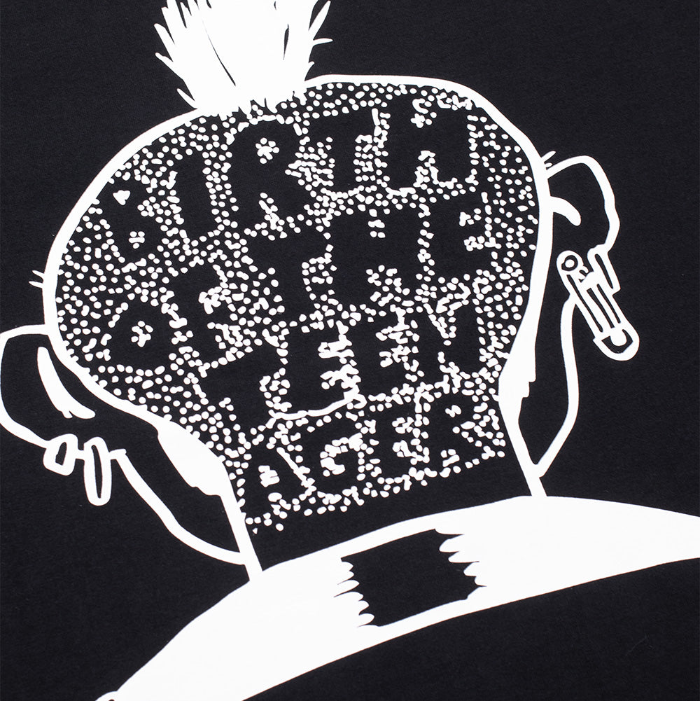 Detailed macro studio close-up of the graphic print on the black BoTT Shaved T-Shirt, highlighting the high-contrast white screen-printed ink depicting the stippled buzzcut texture, small mohawk tuft, large safety pin earring, and integrated bold block typography reading "BIRTH OF THE TEEN AGER" on deep black cotton fabric.