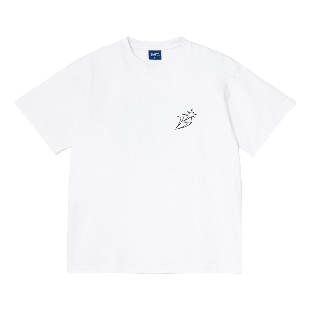Front flat lay studio view of the white BoTT Ultra T-Shirt, displaying a ribbed crewneck collar with blue inner BoTT neck label, clean short-sleeve skate cut, and a minimalist black embroidered lightning star "B" logo on the left chest.