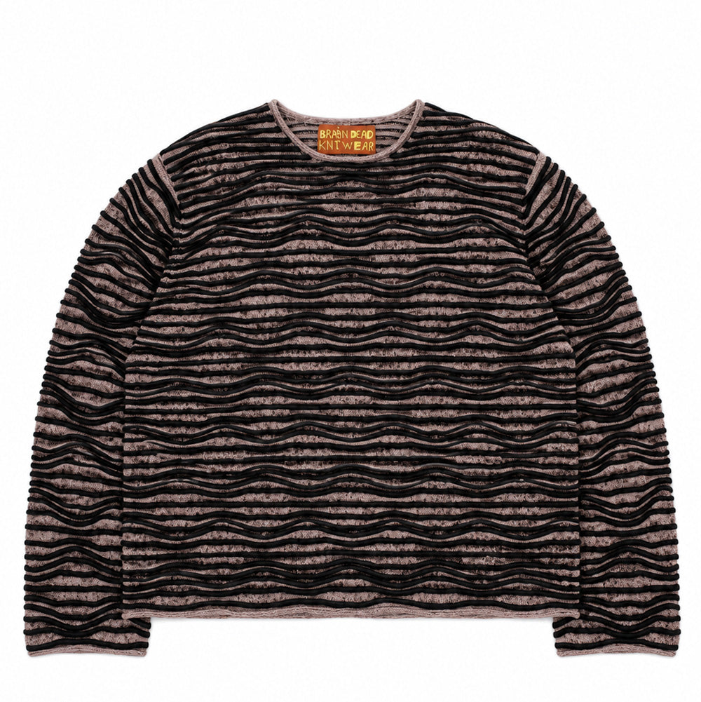 Front flat lay studio view of the Brain Dead 3D Wave Cropped Sweater in the Ash colorway, featuring a boxy, cropped knitwear silhouette crafted from a textured heather ash-grey and taupe marl knit yarn, styled with a simple round crewneck collar, clean finished cuffs and hemline, and adorned across the body and sleeves with bold horizontal rows of dimensional, raised tactile wavy black tubular piping lines.