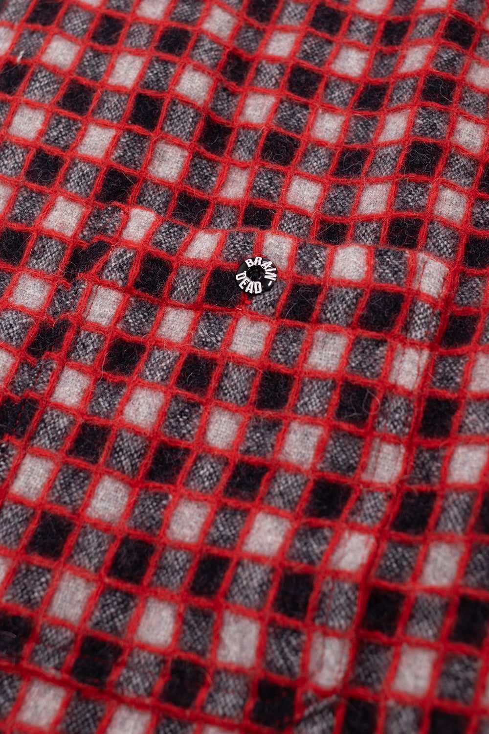 High-quality Brain Dead Check Mate Flannel Zip Shirt Black Red, wide-cut wool flannel with front YKK zip closure and stitched logo patch.
