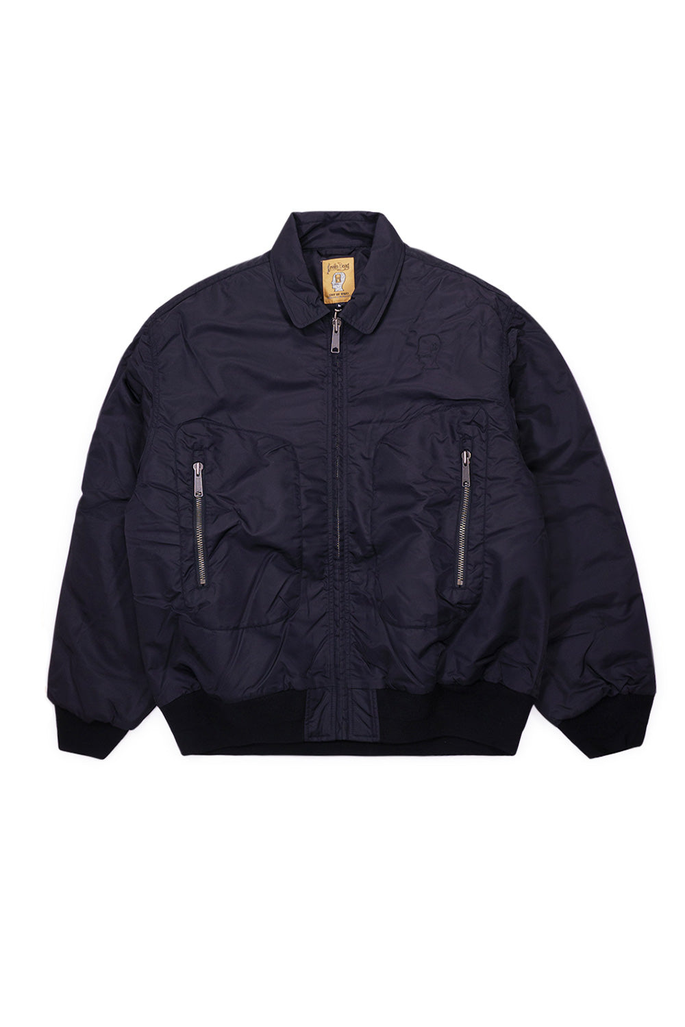 Brain Dead Embroidered 3D Flight Jacket Black, wide-fit bomber jacket with water-repellent nylon shell, orange quilted lining, and embroidered logohead.