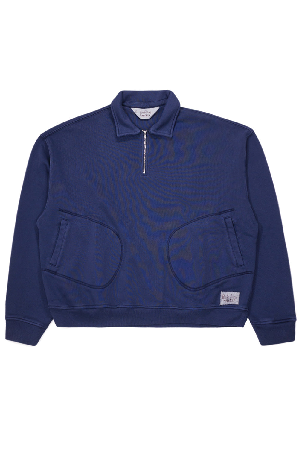 Brain Dead Half Zip Collared Sweatshirt Midnight front view featuring boxy oversized streetwear fit, midnight blue cotton french terry fabric, YKK half-zip collar and dual side pockets