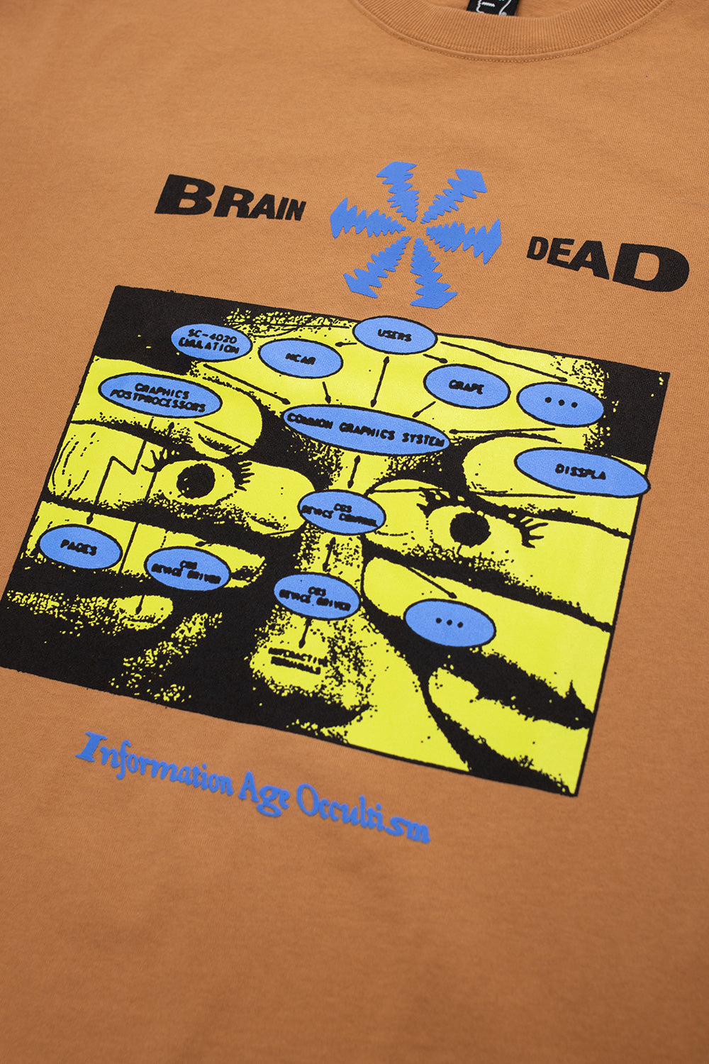 Cuminfarbenes T-Shirt von Brain Dead mit okkultem Artwork und rebellischer Ästhetik aus der Post-Punk-Szene