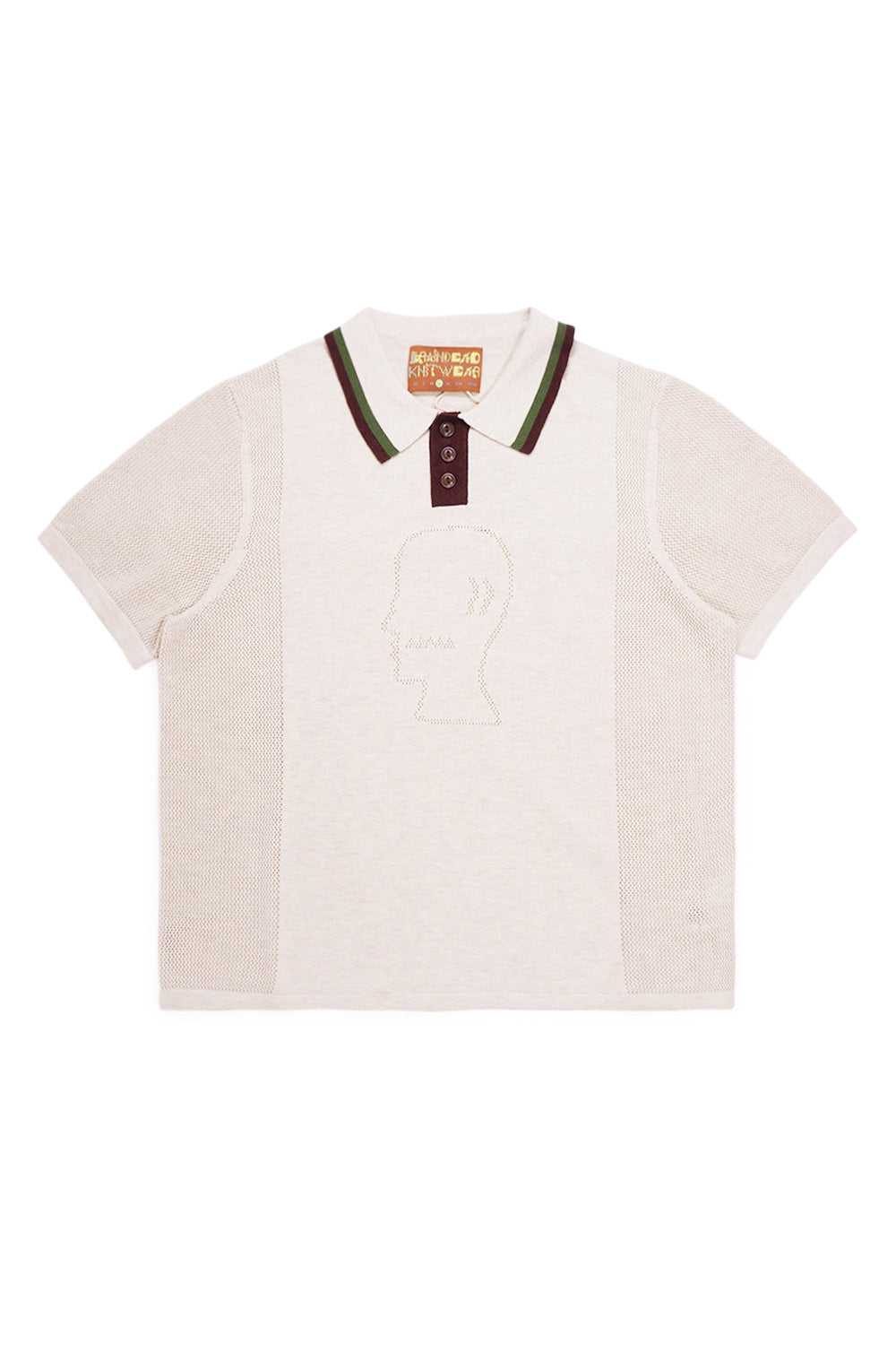 Brain Dead Logo Head Pointelle Polo Natural – Boxy geschnittenes Poloshirt mit gewebtem Logo und atmungsaktiven Mesh-Einsätzen.