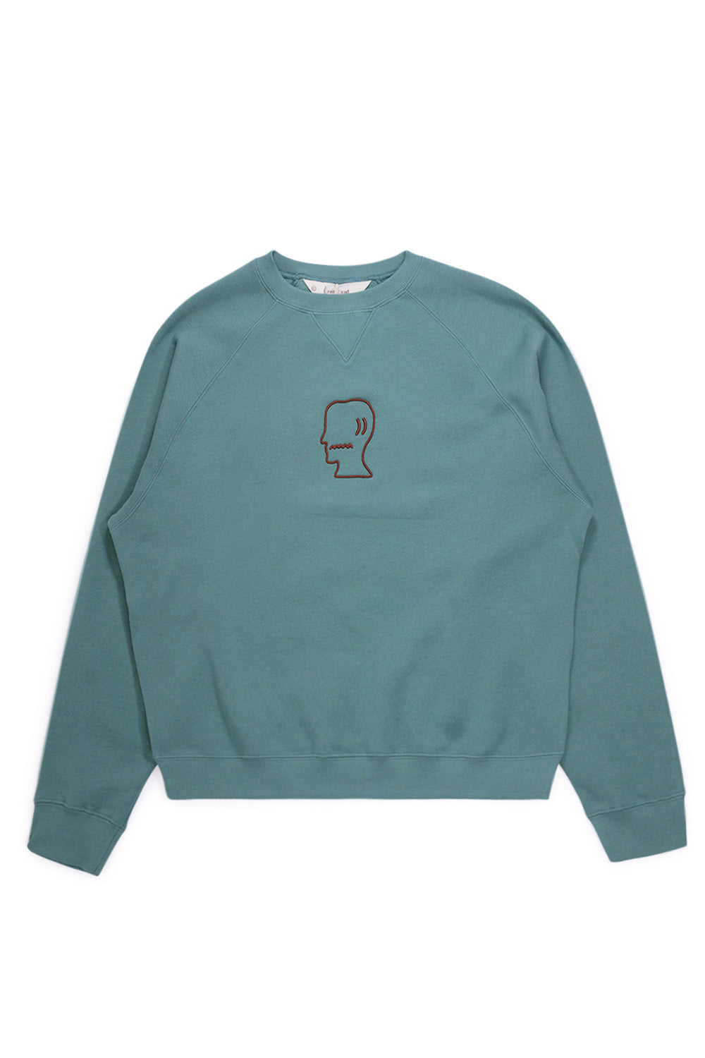 Brain Dead Logo Head Raglan Crewneck Avocado – Weit geschnittener Pullover mit dicker Logo-Stickerei auf der Brust und weichem Fleece-Innenfutter.