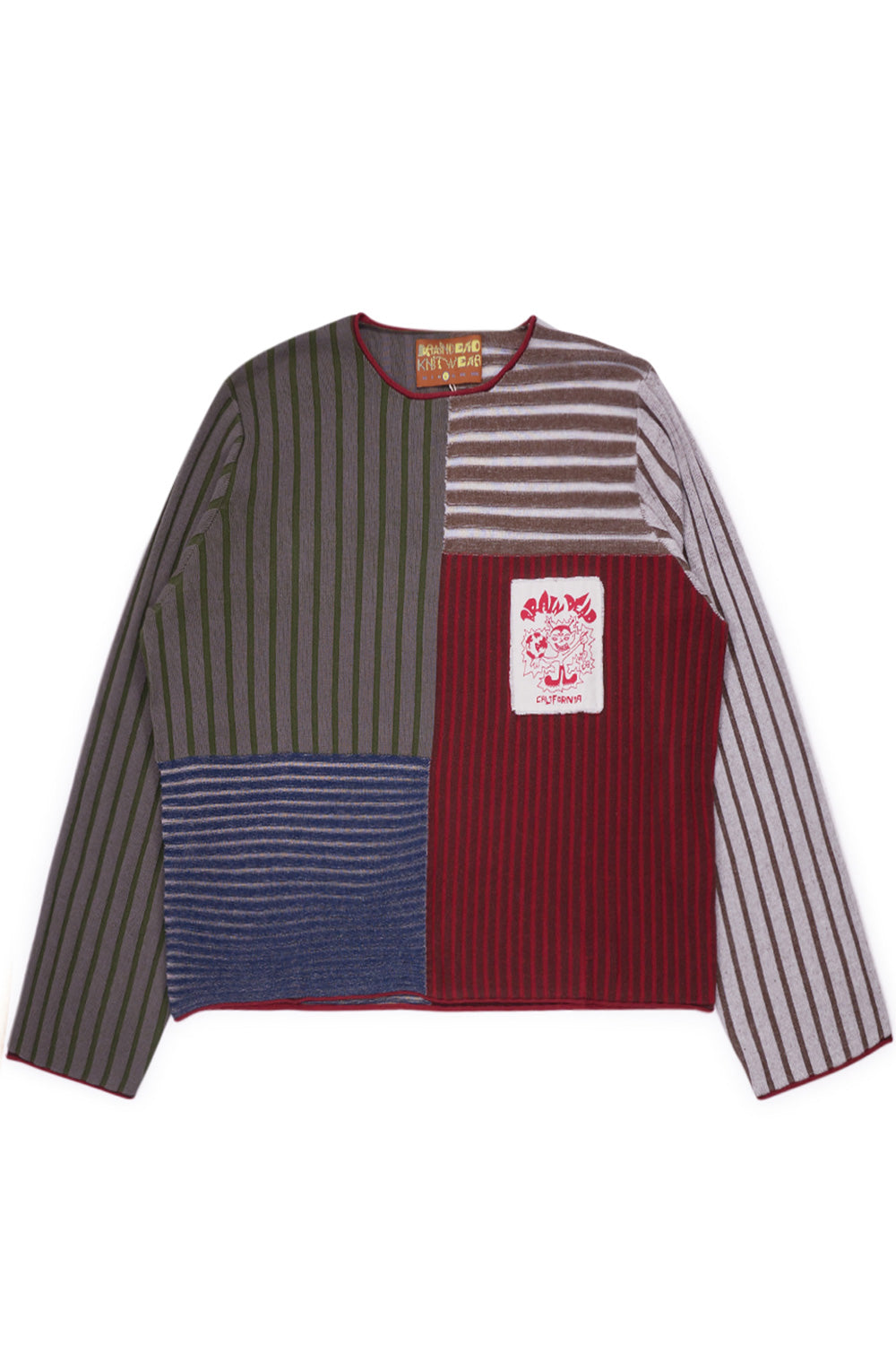 Brain Dead Mixed Stripe Boxy Knit Sweater Green, limited edition loose-fit cotton sweater with sewn-on graphic patch and wide collar.