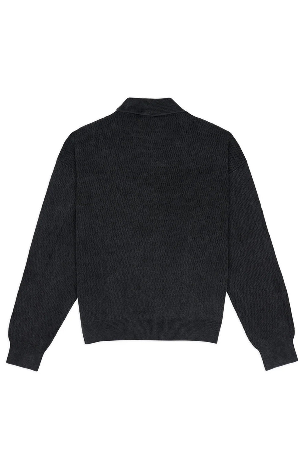 Brain Dead Pigment Dye Long Sleeve Polo Sweater Ink back view – boxy fit knitted polo sweater in pigment dyed ink color made from premium pima cotton