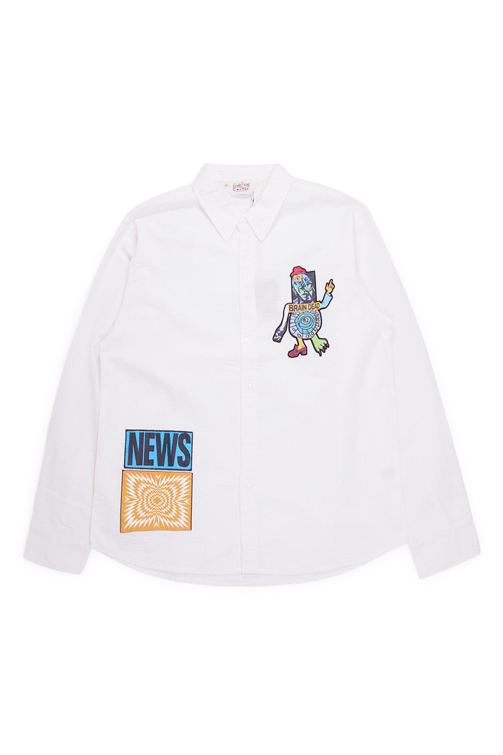 Brain Dead Truth Now Seersucker Shirt White – Weit geschnittenes Hemd aus leichter Seersucker-Baumwolle mit farbenfrohen, aufgenähten Patches.