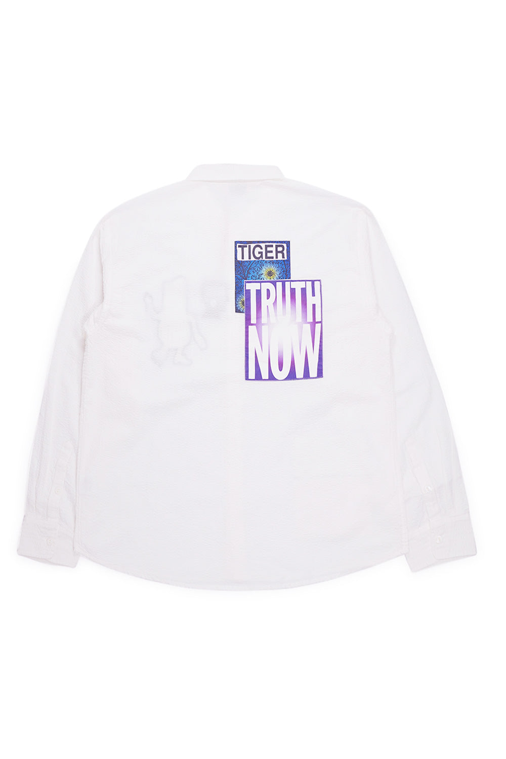 Brain Dead Seersucker Shirt Weiß – Stylisches Button-Down-Hemd mit luftiger Struktur, weitem Schnitt und einzigartigen Patch-Applikationen.