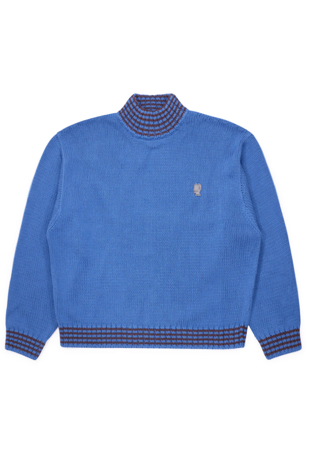 Brain Dead Turtle Neck Sweater Blue front view featuring loose fit silhouette, premium pima cotton knit construction, striped ribbed turtle neck collar and contrasting cuffs on Los Angeles streetwear knitwear